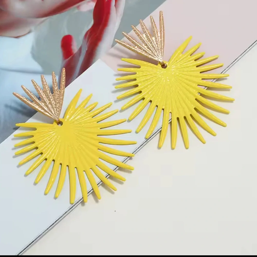 Gold Plantain Leaf Drop Earrings Geometric Statement Trendy Jewelry